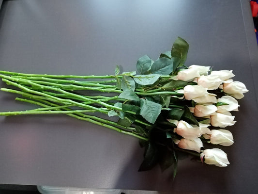 Job Lot 28 x Real Touch Cream Bud Roses, White Artificial Flowers plus loose Leaves(not attached) . Ideal for Button Holes, Corsages. Faux Flowers, Wedding Flowers