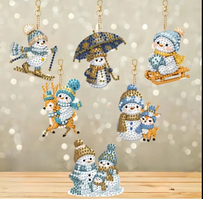 Christmas Snowman Diamond Art Keyring Decorations 6pcs - DIY Christmas Diamond Art Kit - Christmas Decoration Craft Kit in Acrylic