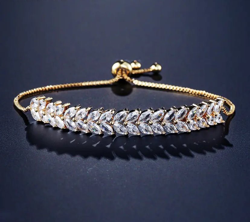 Crystal CZ Jewellery Set Gift for Her or Bridal Necklace Earrings and Bracelet Wedding Set Leaf Style Design in Silver and Gold