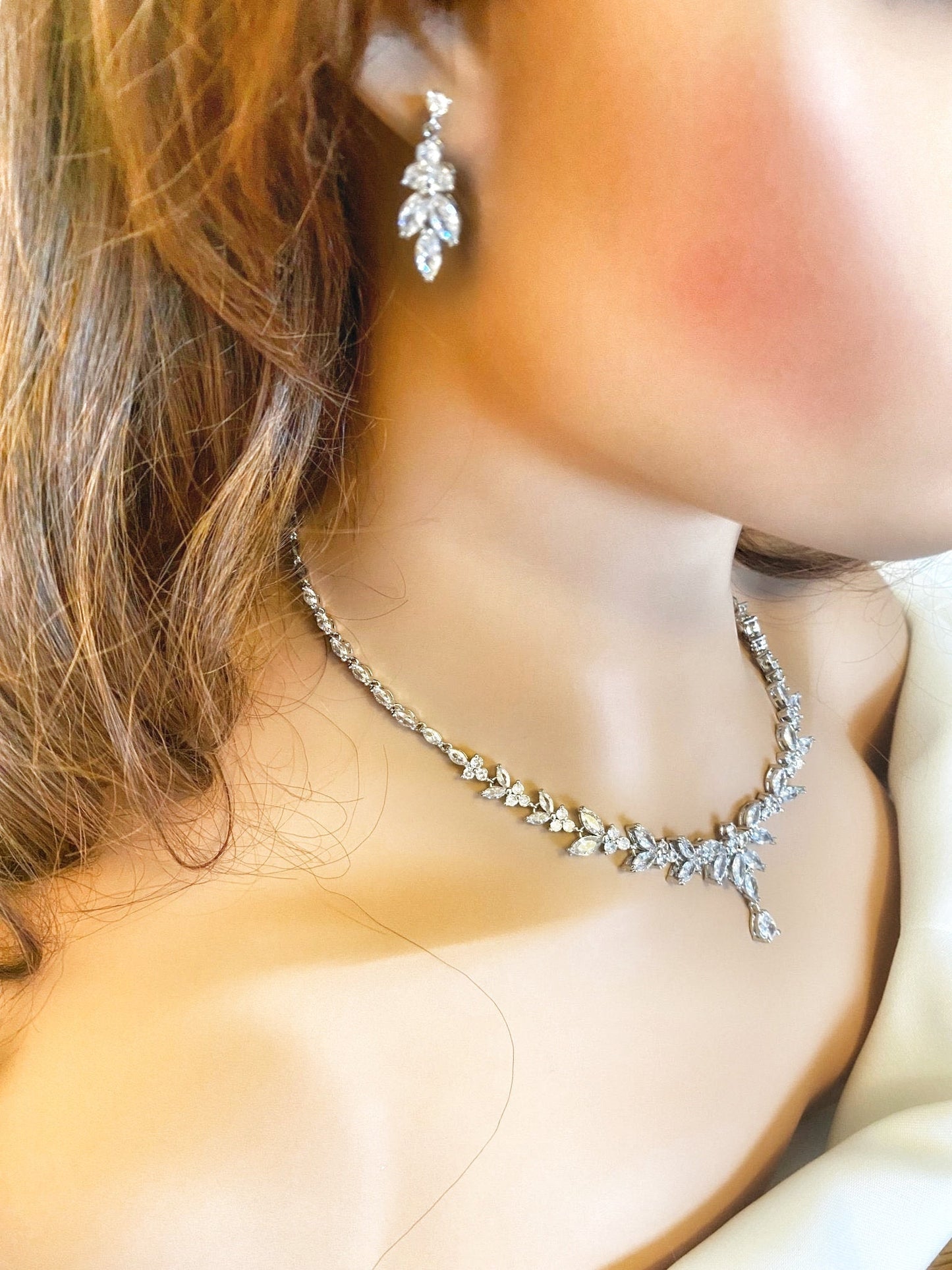 Crystal CZ Bridal Jewellery Set, Gift for Her, Silver Necklace Earrings Bracelet Leaf Design