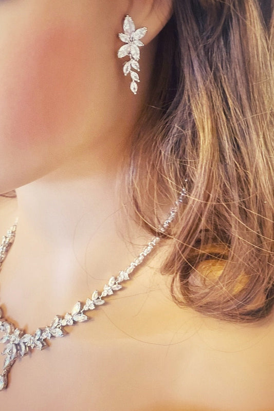 Crystal CZ Wedding Jewellery Set, Gift for Her, Bridal Necklace, Star Earrings & Bracelet, Leaf Style Design in Silver & Gold