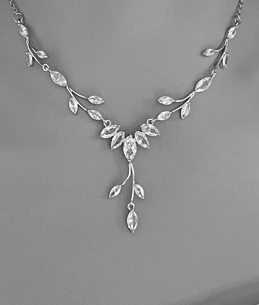 Crystal Wedding Jewellery Set Gift for Her. CZ Silver Bridal Necklace Droplet Earrings Leaf Design