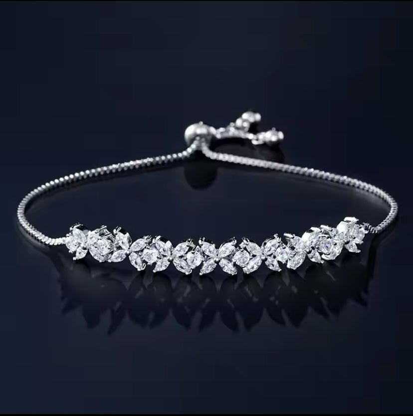 CZ Bridal Bracelet with Flower Design in Silver, White Gold Plated, Wedding Bracelet Accessories