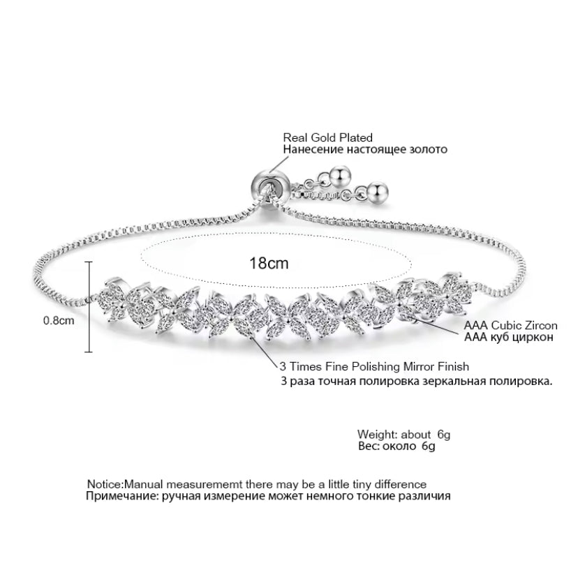 CZ Bridal Bracelet with Flower Design in Silver, White Gold Plated, Wedding Bracelet Accessories