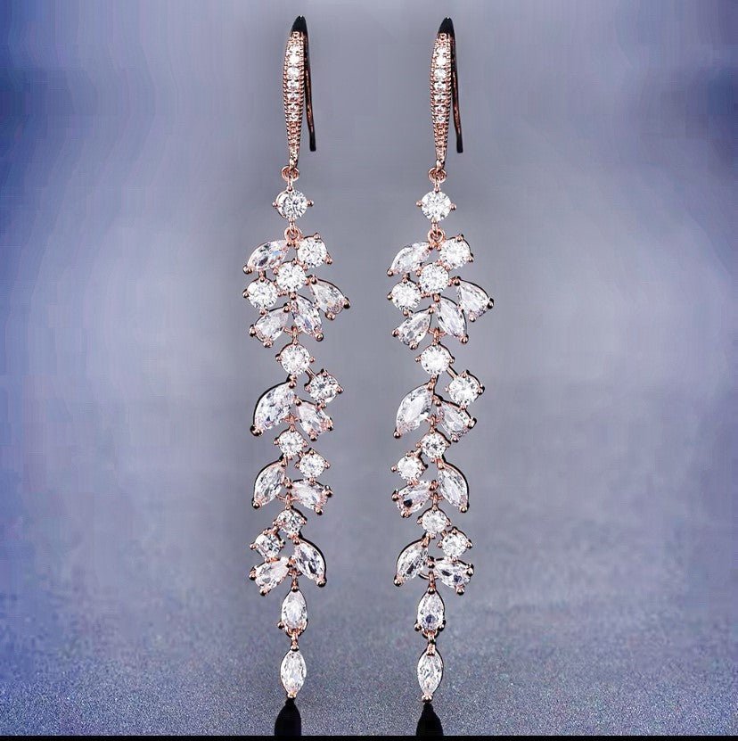 CZ Bridal Hoop Dangle Earrings Silver or Rose Gold Crystal Wedding Earrings Gift for Her