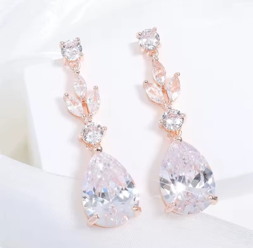 CZ Crystal Tear Drop Bridal Earrings or Gift for Her in Silver, Gold and Rose Gold