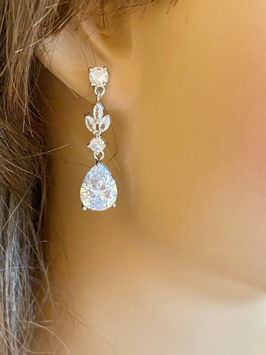 CZ Crystal Tear Drop Bridal Earrings or Gift for Her in Silver, Gold and Rose Gold