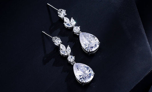 CZ Crystal Tear Drop Bridal Earrings or Gift for Her in Silver, Gold and Rose Gold