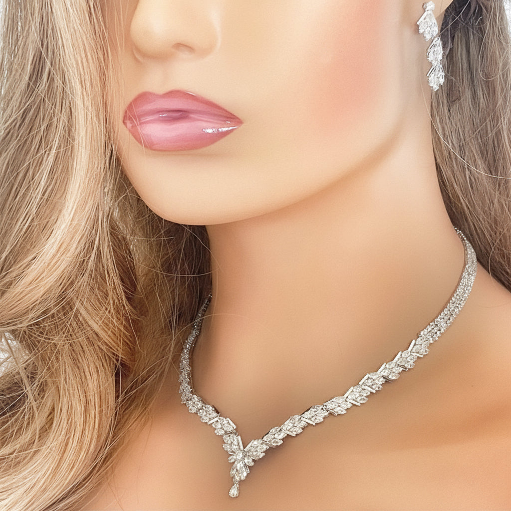 4pc CZ Jewellery Gift for Her or Bridal Jewellery Set Silver Wedding Necklace Earrings Bracelet Ring