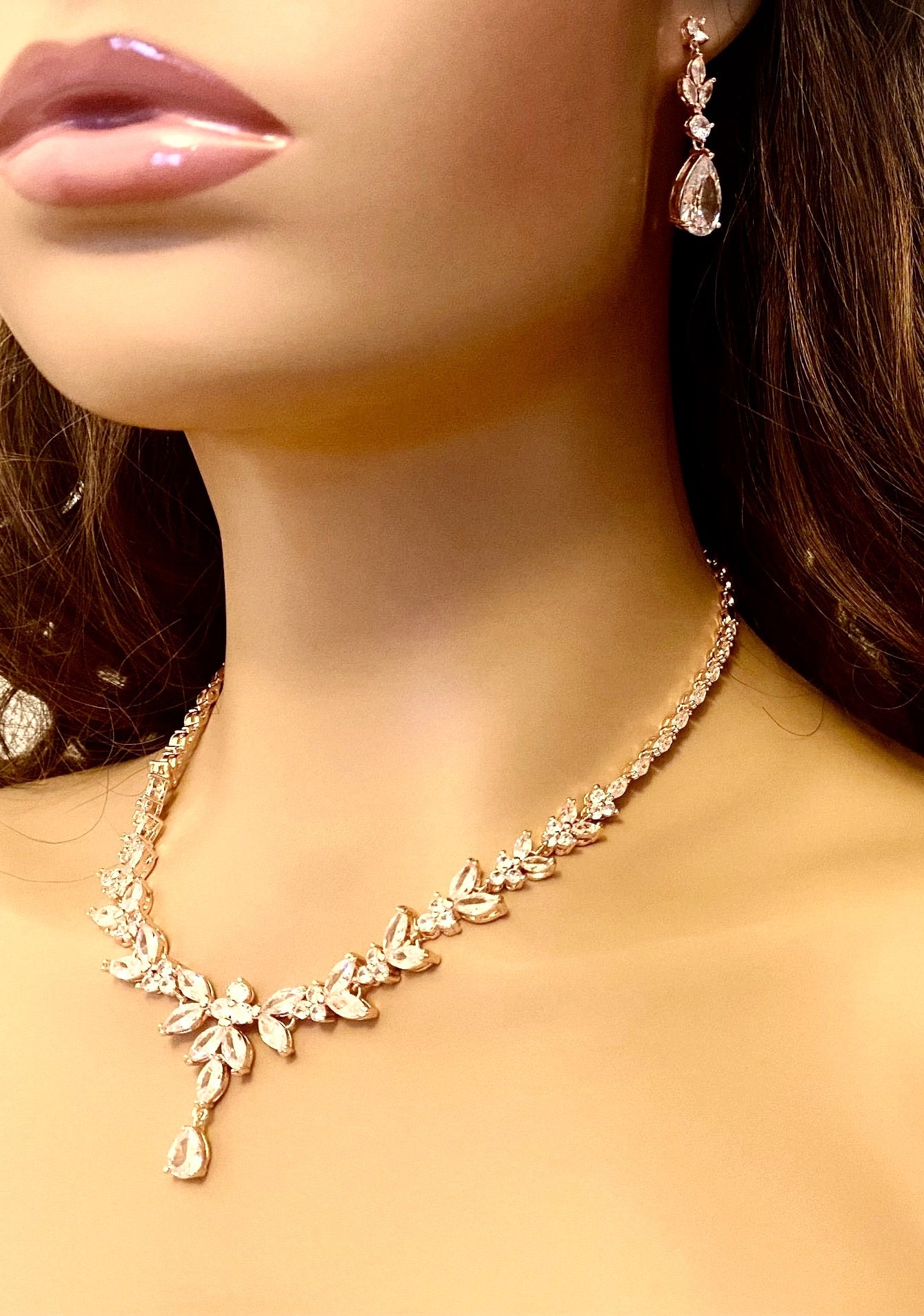 Crystal CZ Wedding Jewellery Set, Gift for Her, Bridal Necklace Tear Drop Earrings & Bracelet, Leaf Style Design in Silver & Gold