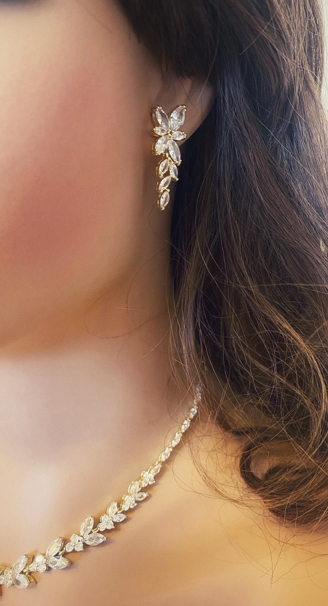 Crystal CZ Wedding Jewellery Set, Gift for Her, Bridal Necklace, Star Earrings & Bracelet, Leaf Style Design in Silver & Gold