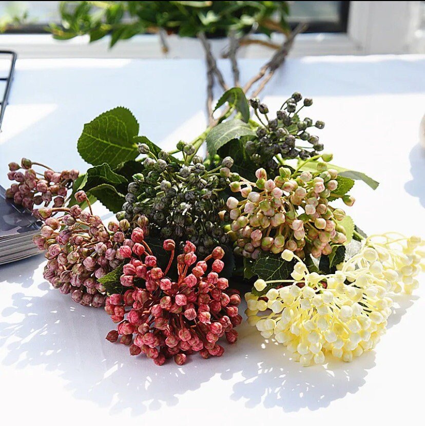 Artificial Berries, Fruit Berries with Leaves, 2 Heads Pink Berries. Artificial Flowers Arranging. Pink Flowers Faux Berry Christmas Flowers