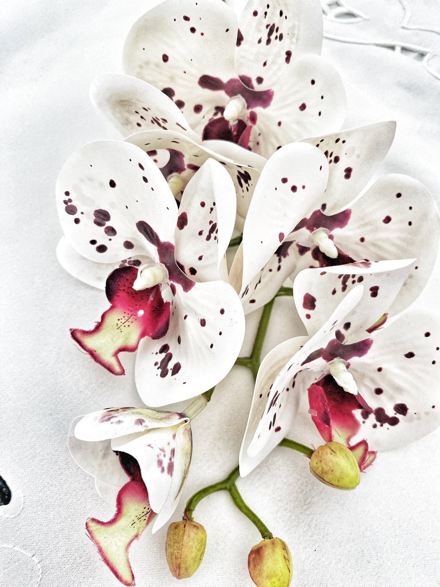 Kunstig orkideblomst gave til henne, ekte orkideer hvite og røde flekker orkidestilker, hvite blomster, imiterte kunstige blomster bryllupsblomster