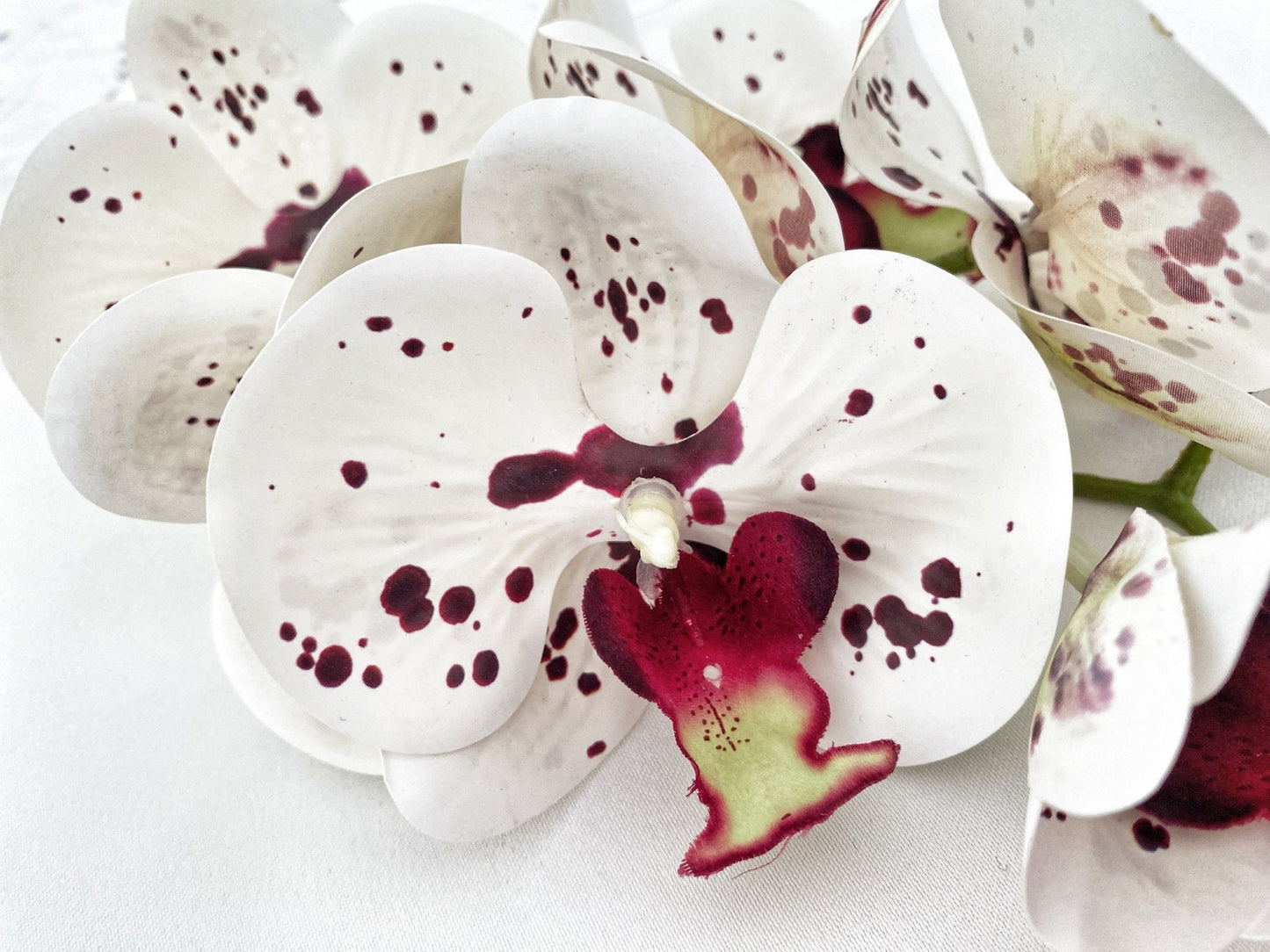 Kunstig orkideblomst gave til henne, ekte orkideer hvite og røde flekker orkidestilker, hvite blomster, imiterte kunstige blomster bryllupsblomster