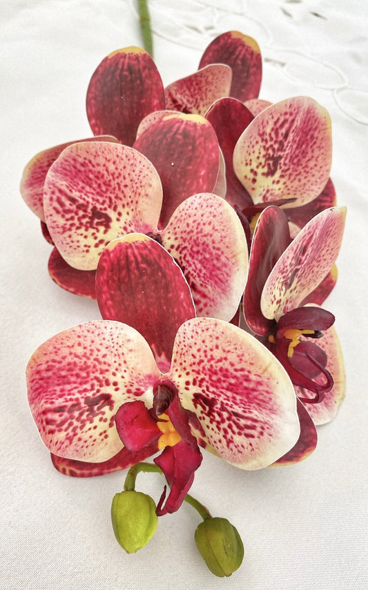 Artificial Orchid Flower, Gift for Her, Red Spotted Orchid Stem, Orchid Plant Leaves, Orchid Artificial Flowers Red Flowers for Flower Arranging