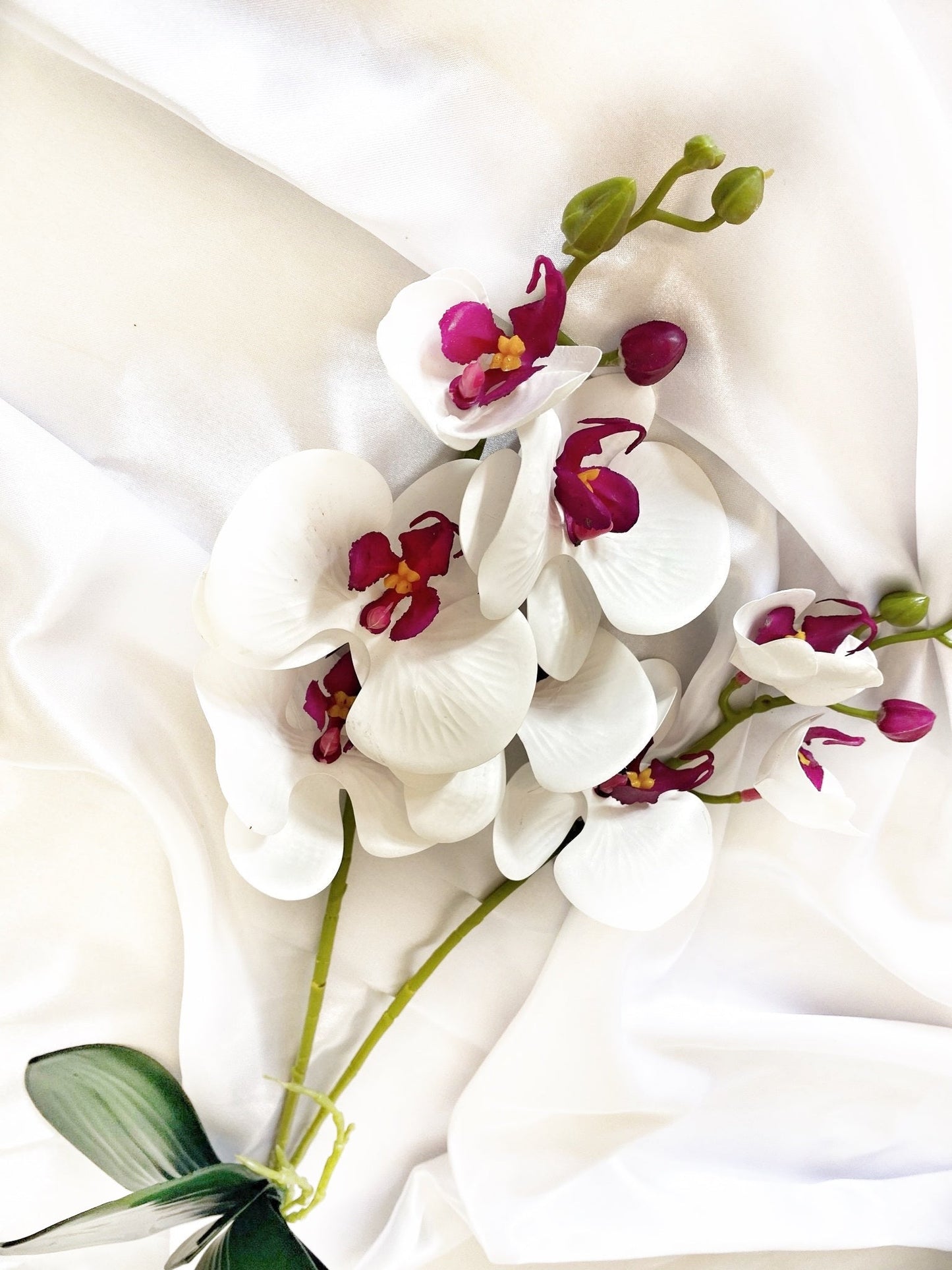 Artificial White & Pink Orchid, Orchid Plant, Orchid Flowers and Leaves for Orchid Plant, White Flowers Gift for Her Real Look Faux