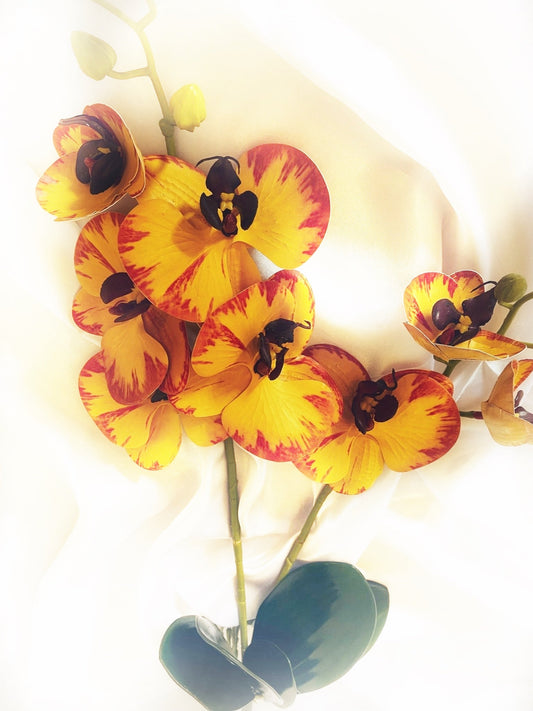 Artificial Yellow Orchid, Orchid Plant, Orchid & Leaves for Orchid Plant, Yellow Flowers, Gift for Her Artificial Flowers, Real Look Faux