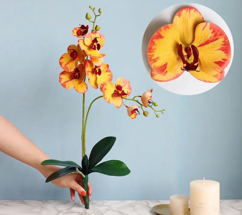 Artificial Yellow Orchid, Orchid Plant, Orchid & Leaves for Orchid Plant, Yellow Flowers, Gift for Her Artificial Flowers, Real Look Faux