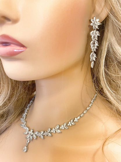 Crystal CZ Bridal Necklace Set, Jewellery Gift for Her. Wedding Necklace, Droplet Earrings, Bracelet Flower Design Silver