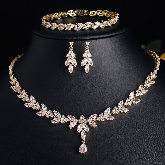 Crystal CZ Bridal Jewellery Set, Gift for Her, Necklace Earrings Bracelet in Gold Plated in Leaf Design