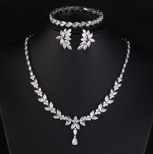 Crystal CZ Jewellery Set Gift for Her or Bridal Necklace Earrings and Bracelet Wedding Set Leaf Style Design in Silver and Gold
