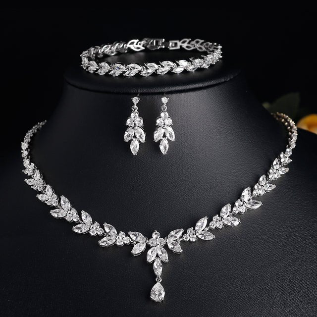 Crystal CZ Bridal Jewellery Set, Gift for Her, Silver Necklace Earrings Bracelet Leaf Design