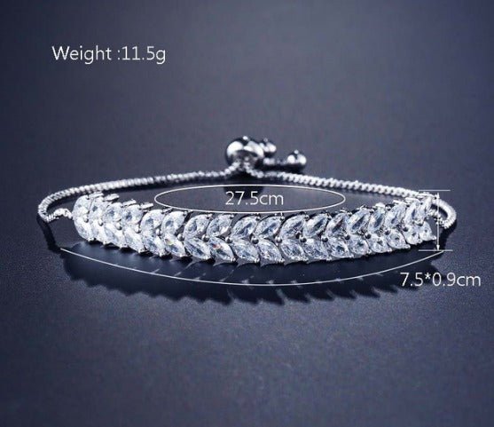 Crystal CZ Bridal Jewellery Set, Gift for Her, Silver Necklace Earrings Bracelet Leaf Design