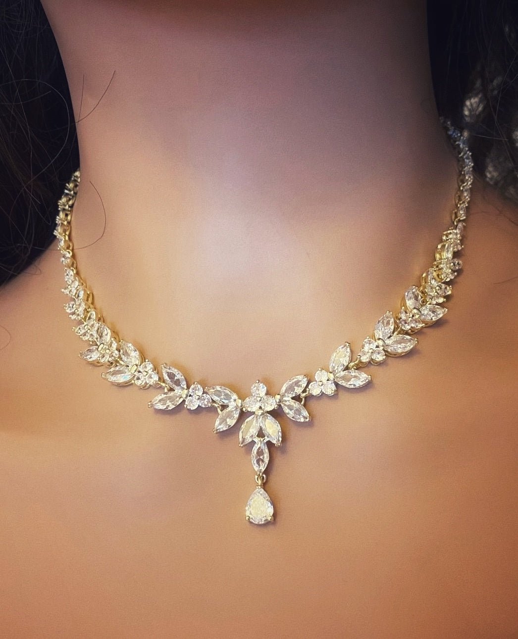 Crystal CZ Wedding Jewellery Set, Gift for Her, Bridal Necklace, Star Earrings & Bracelet, Leaf Style Design in Silver & Gold