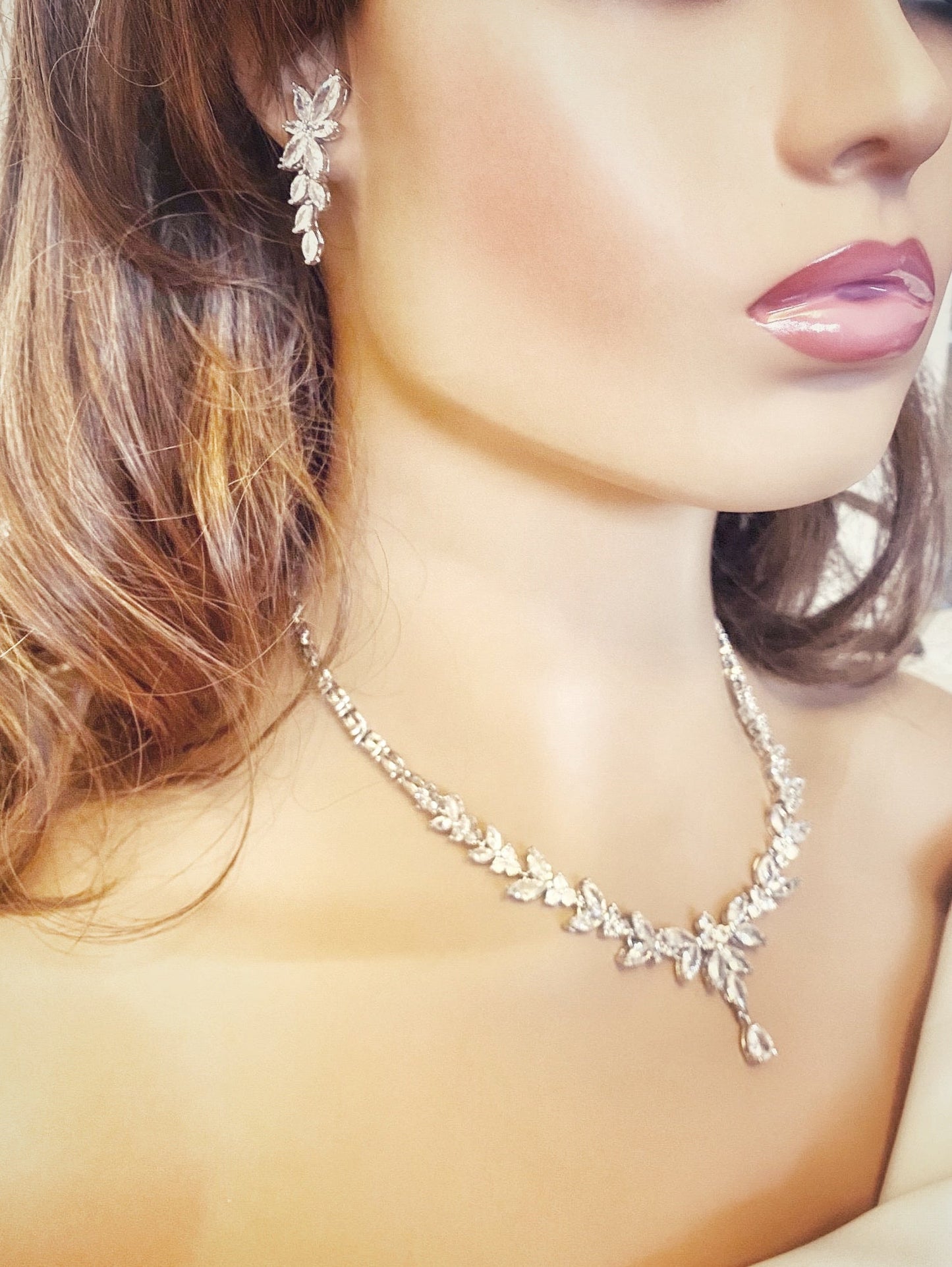 Crystal CZ Wedding Jewellery Set, Gift for Her, Bridal Necklace, Star Earrings & Bracelet, Leaf Style Design in Silver & Gold