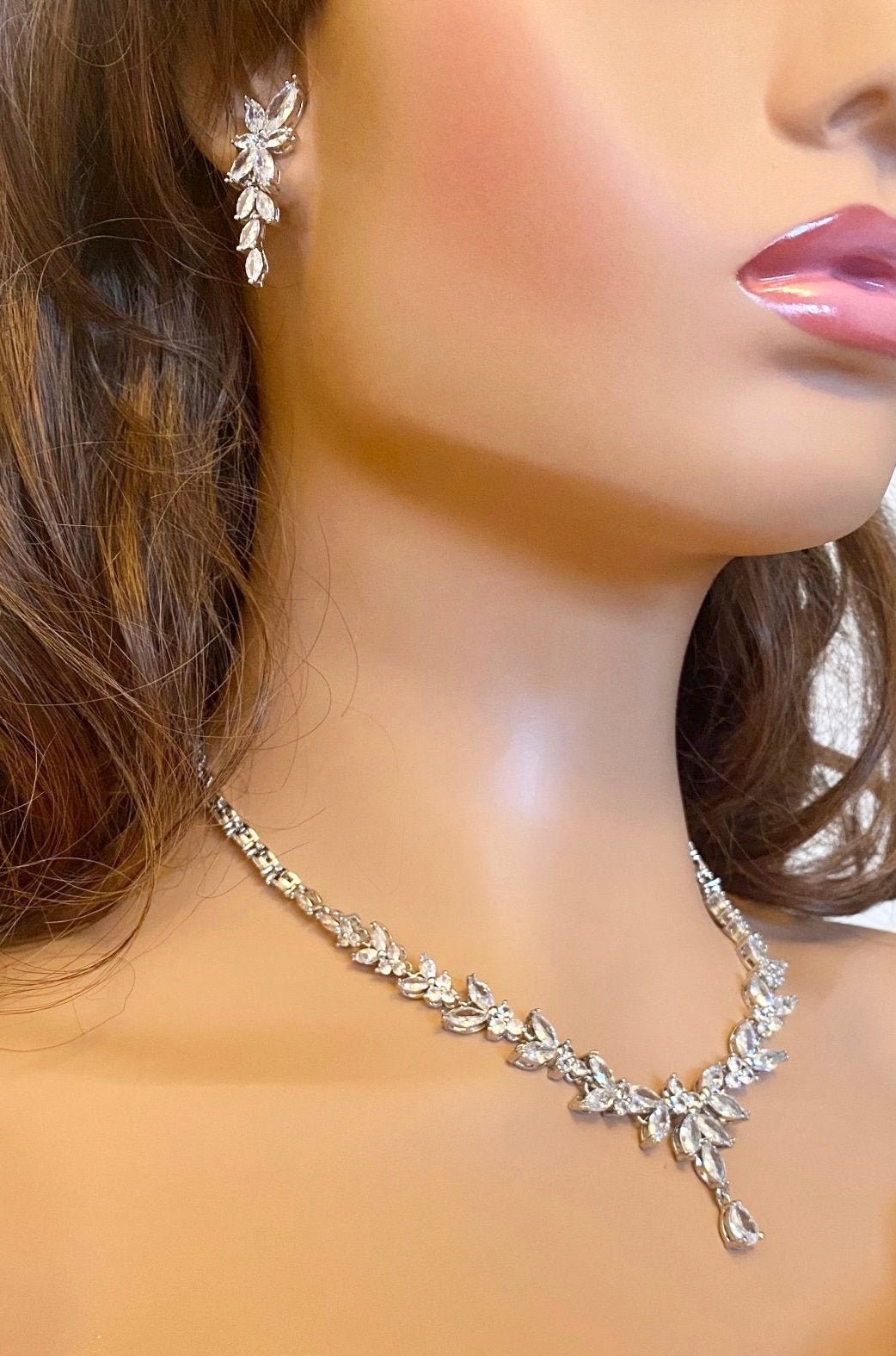 Crystal CZ Wedding Jewellery Set, Gift for Her, Bridal Necklace, Star Earrings & Bracelet, Leaf Style Design in Silver & Gold