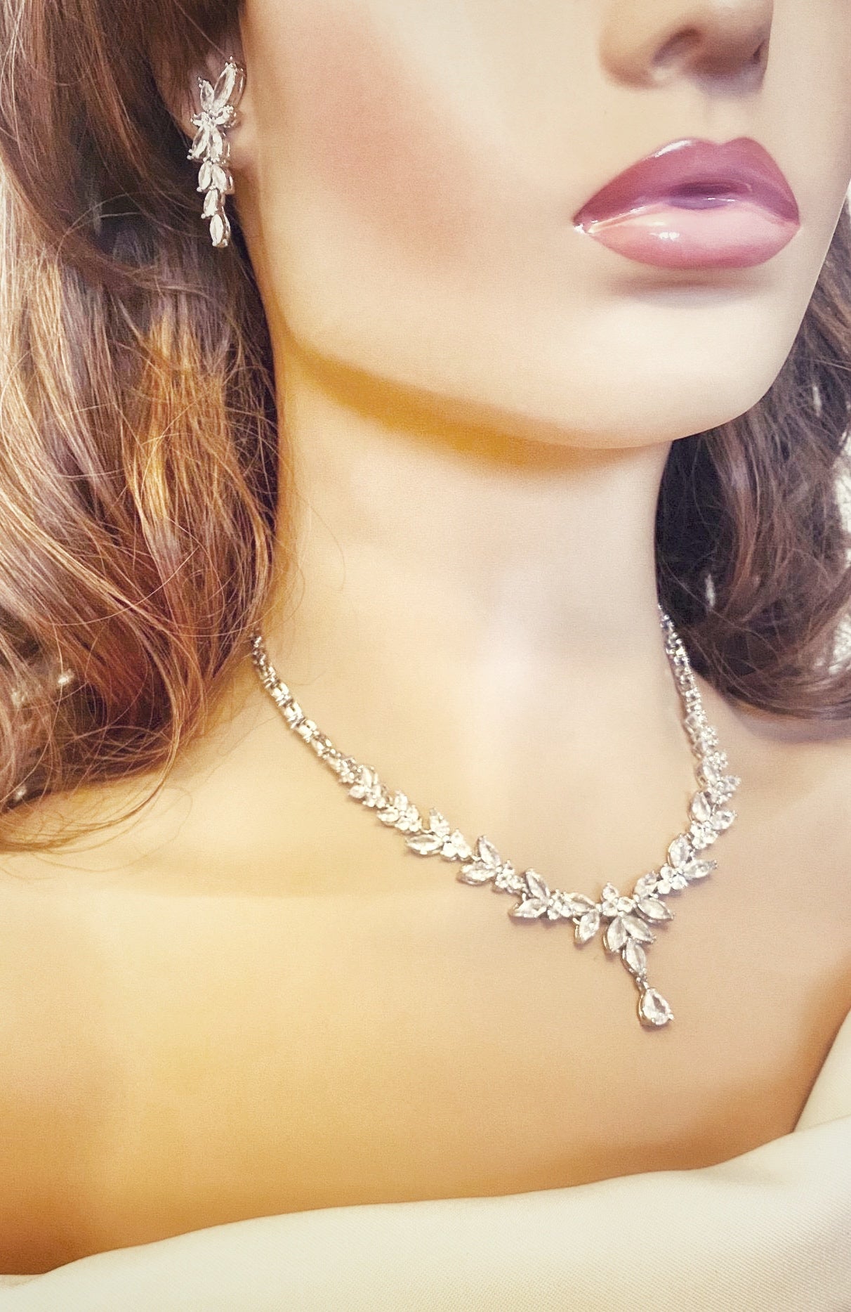 Crystal CZ Wedding Jewellery Set, Gift for Her, Bridal Necklace, Star Earrings & Bracelet, Leaf Style Design in Silver & Gold