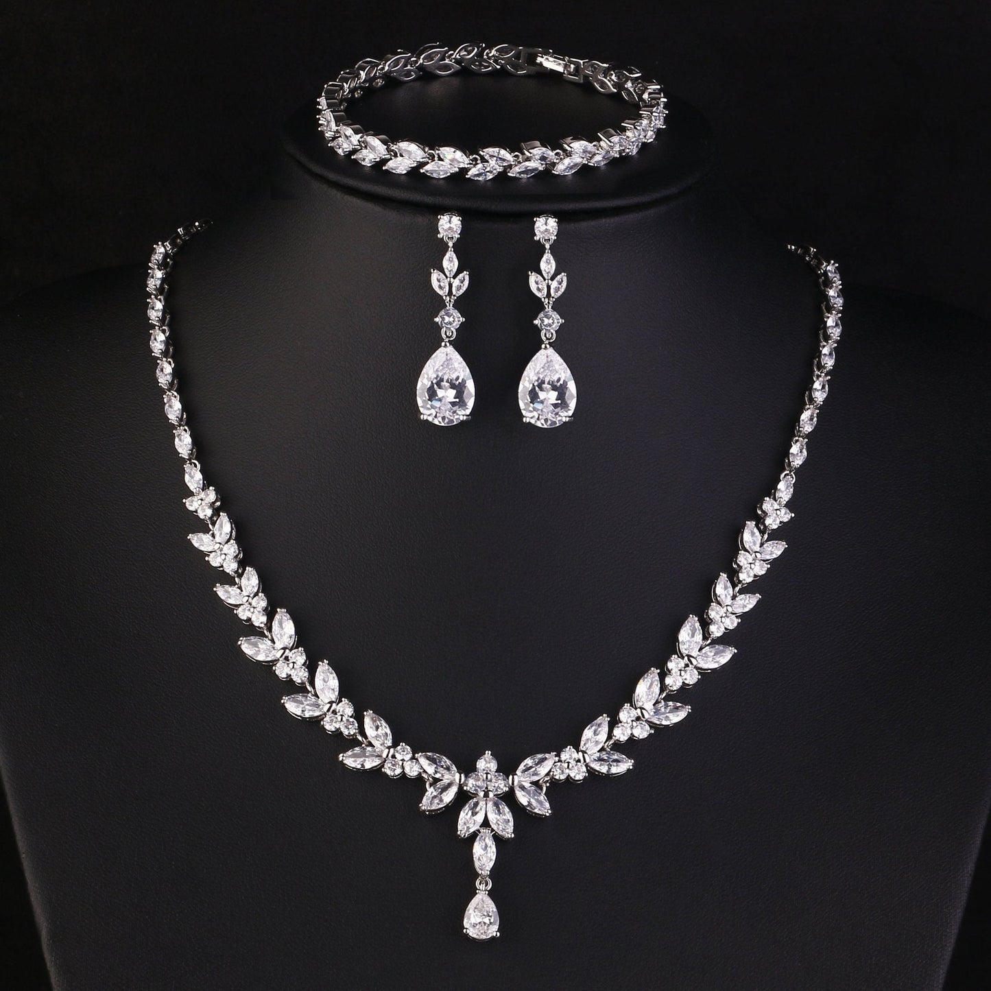 Crystal CZ Wedding Jewellery Set, Gift for Her, Bridal Necklace Tear Drop Earrings & Bracelet, Leaf Style Design in Silver & Gold
