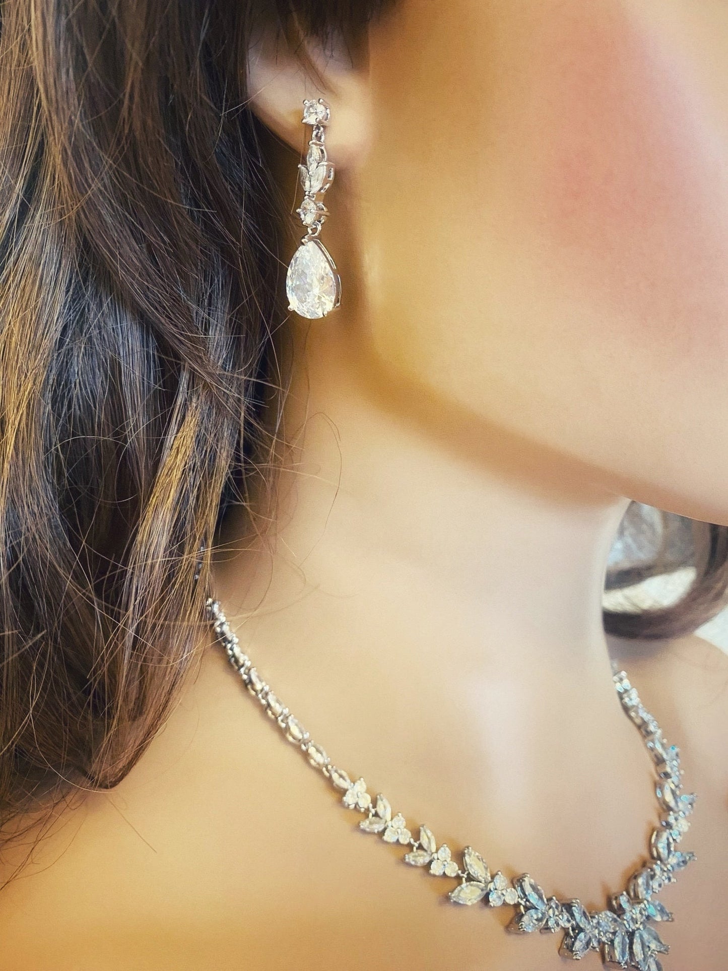 Crystal CZ Wedding Jewellery Set, Gift for Her, Bridal Necklace Tear Drop Earrings & Bracelet, Leaf Style Design in Silver & Gold