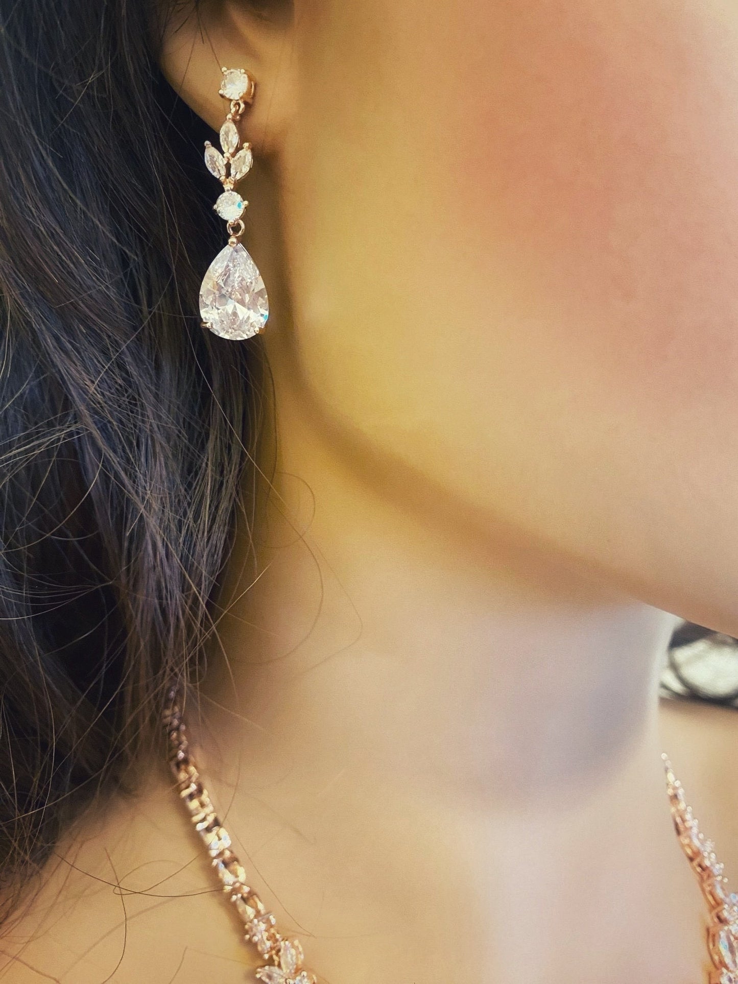 Crystal CZ Wedding Jewellery Set, Gift for Her, Bridal Necklace Tear Drop Earrings & Bracelet, Leaf Style Design in Silver & Gold