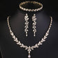 Crystal CZ Wedding Necklace Set, Gift for Her, Bridal Jewellery, Droplet Earrings, Bracelet in Silver & Gold.  Leaf Style Design.