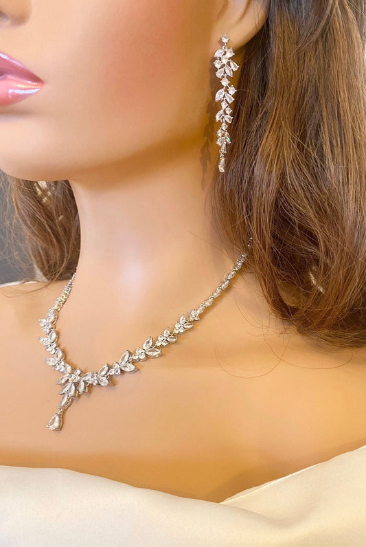 Crystal CZ Wedding Necklace Set, Gift for Her, Bridal Jewellery, Droplet Earrings, Bracelet in Silver & Gold.  Leaf Style Design.