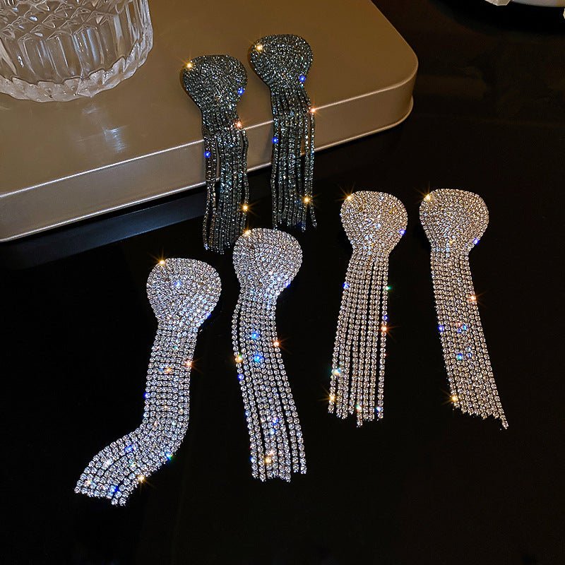 Crystal Fringe Earrings Gift for Her, Diamante Tassel Earrings in Silver, Gold or Black, Long Dangle Earrings, Statement Earrings