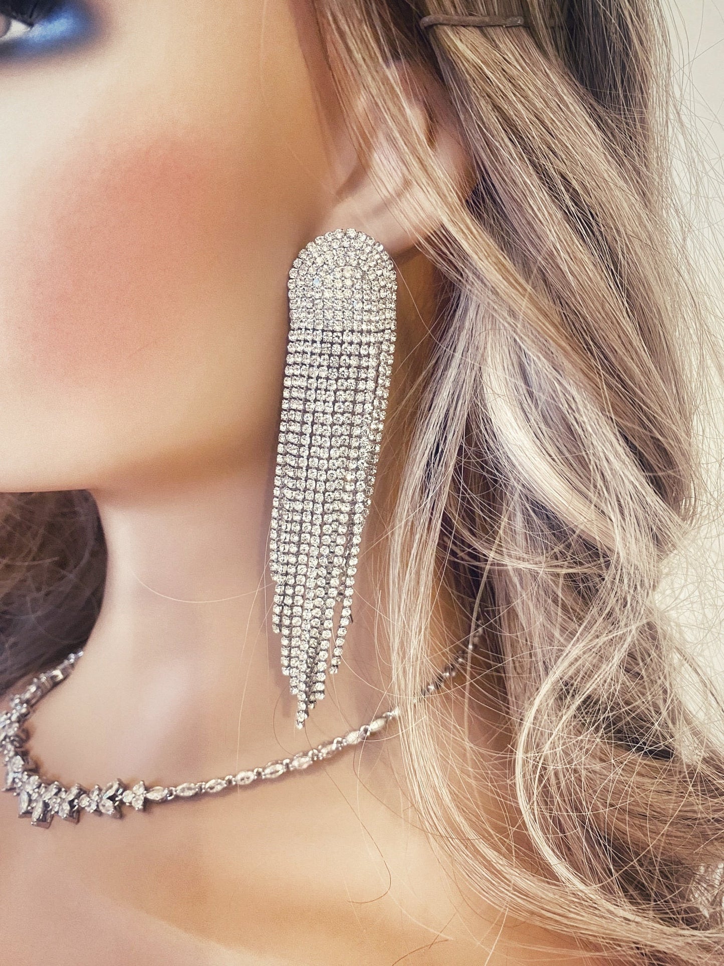 Crystal Fringe Earrings Gift for Her.  Diamante Long Dangle Tassel Earrings Statement Fringe Earrings in Silver and Gold