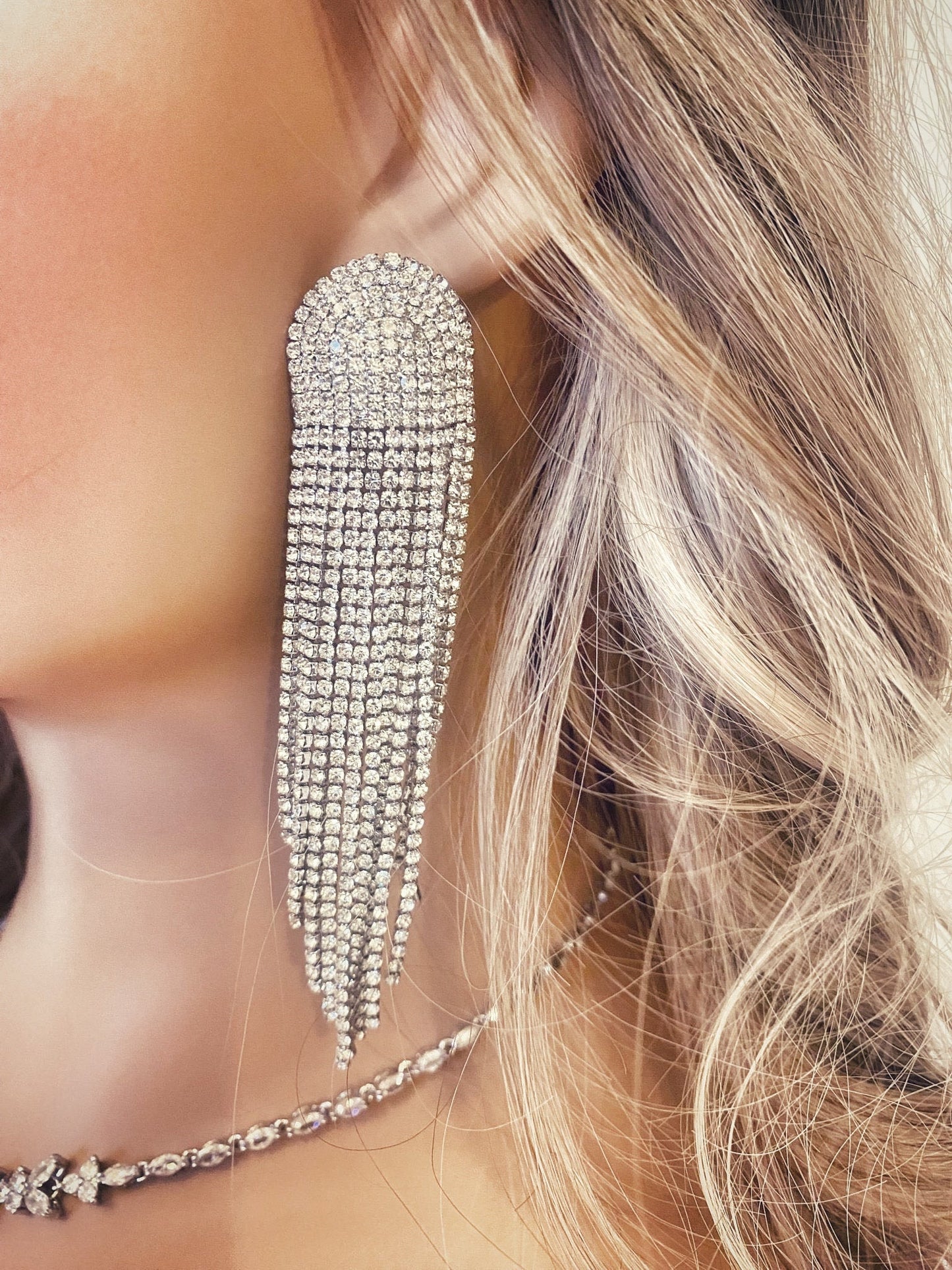 Crystal Fringe Earrings Gift for Her.  Diamante Long Dangle Tassel Earrings Statement Fringe Earrings in Silver and Gold