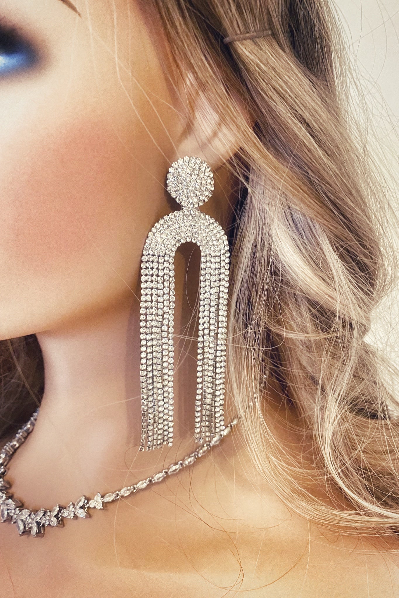 Crystal Fringe Earrings, Gift for Her, U Shaped Dangle Tassel Earrings, Diamante Earrings in Silver or Gold, Fringe Earrings, Statement Earrings