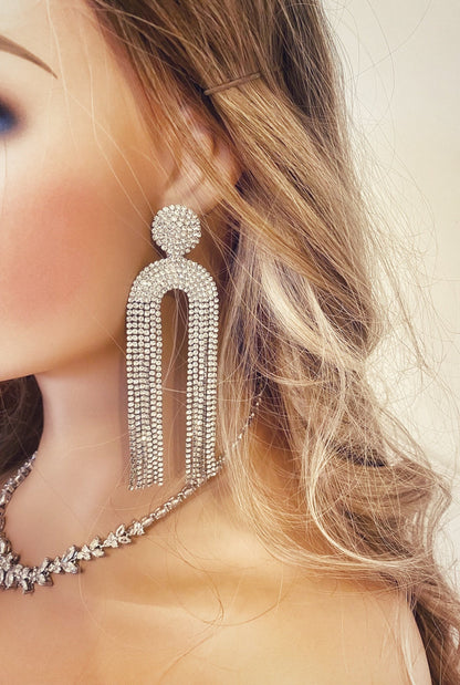 Crystal Fringe Earrings, Gift for Her, U Shaped Dangle Tassel Earrings, Diamante Earrings in Silver or Gold, Fringe Earrings, Statement Earrings