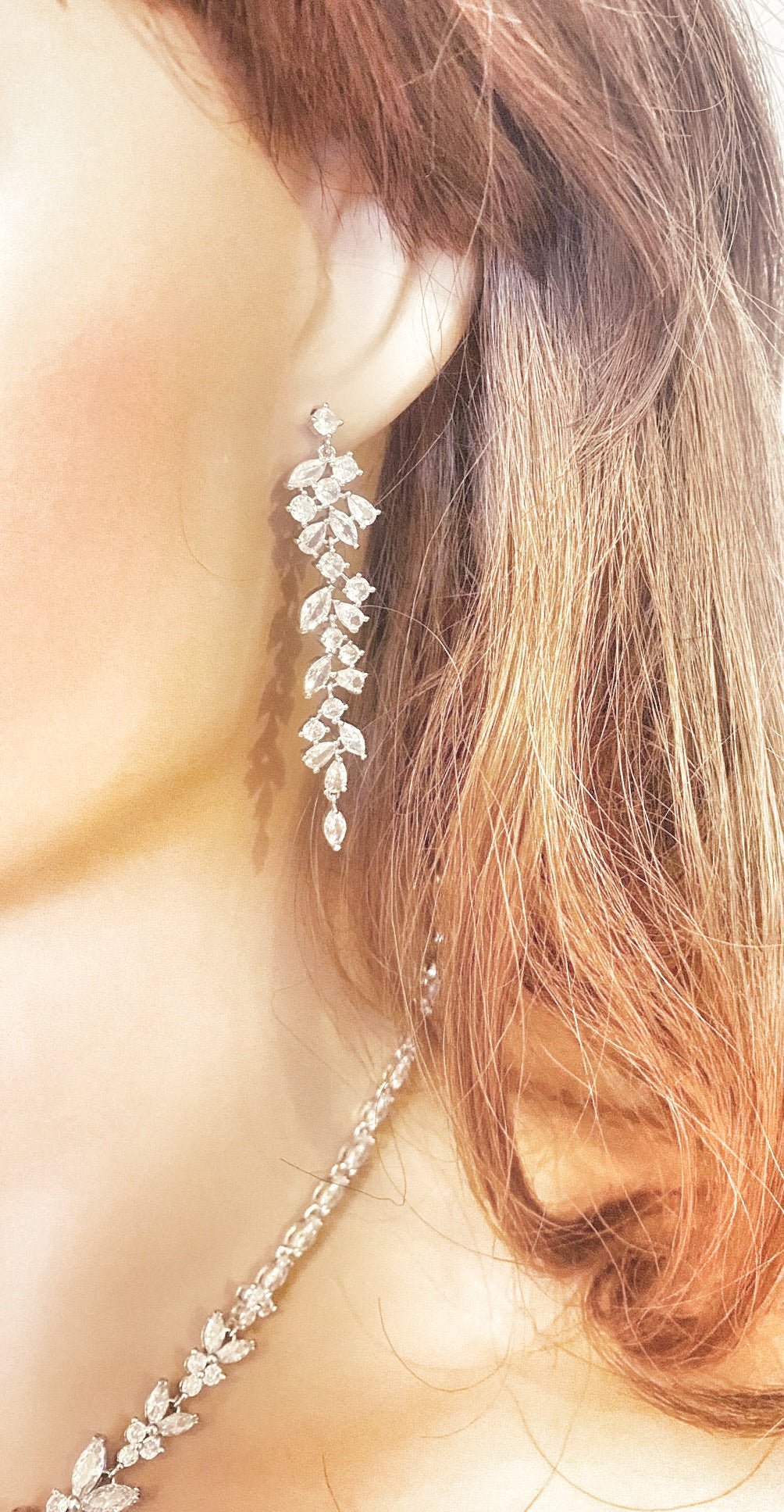 CZ Crystal Dangle Wedding Earring, Gift for Her, Two Tone Diamante Long Dangle Earring in Silver, Gold and Rose Gold