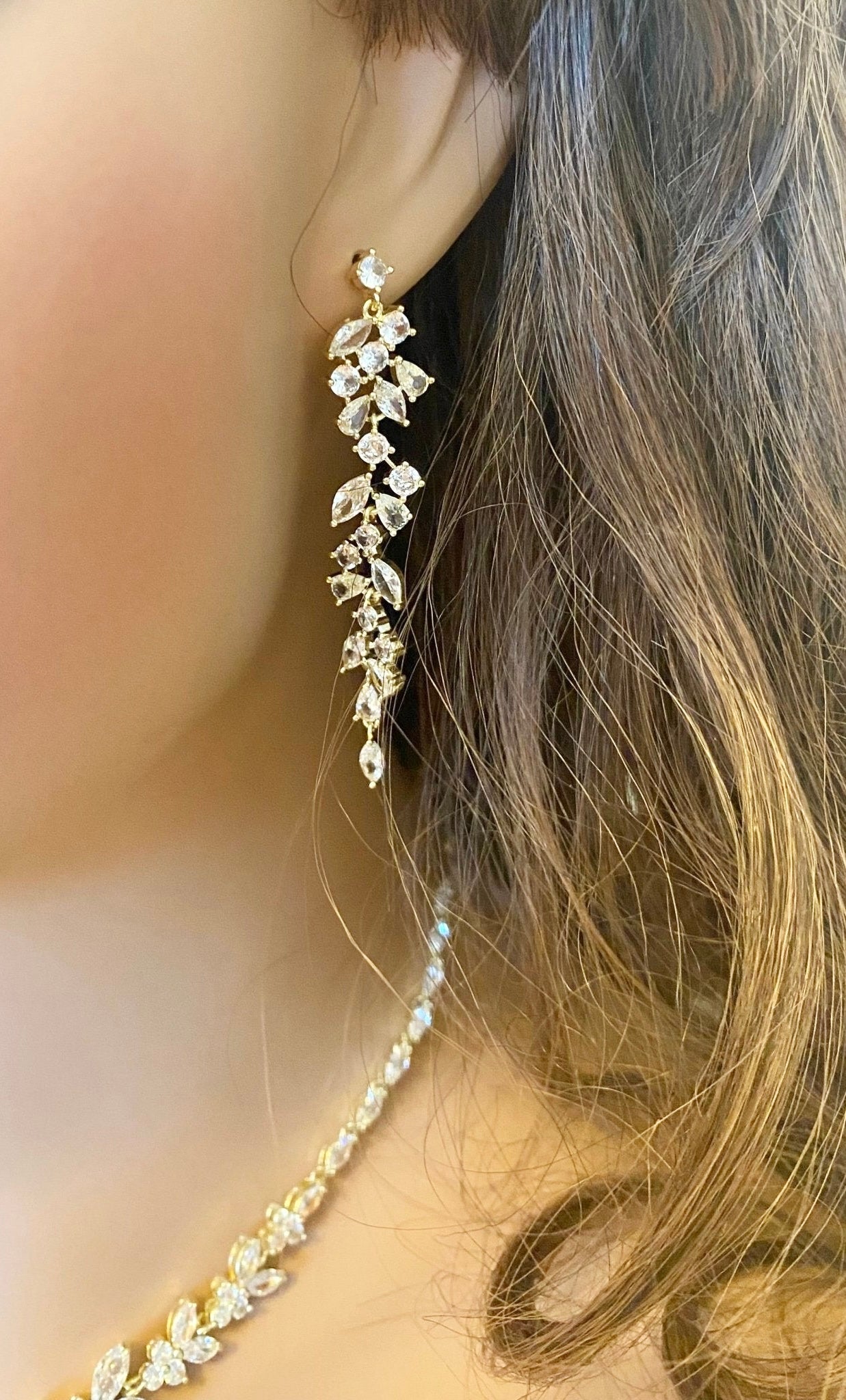 CZ Crystal Dangle Wedding Earring, Gift for Her, Two Tone Diamante Long Dangle Earring in Silver, Gold and Rose Gold