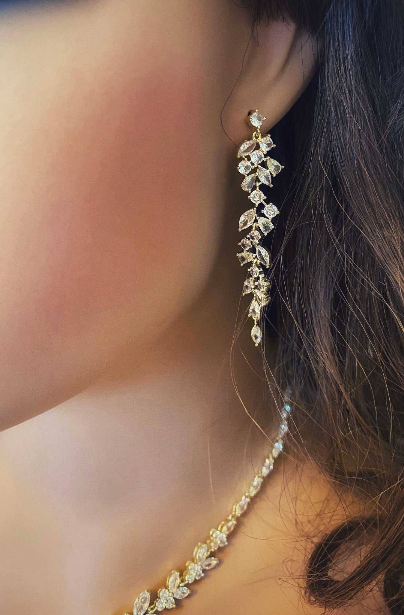 CZ Crystal Dangle Wedding Earring, Gift for Her, Two Tone Diamante Long Dangle Earring in Silver, Gold and Rose Gold