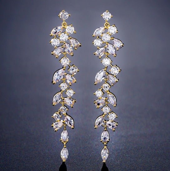 CZ Crystal Dangle Wedding Earring, Gift for Her, Two Tone Diamante Long Dangle Earring in Silver, Gold and Rose Gold