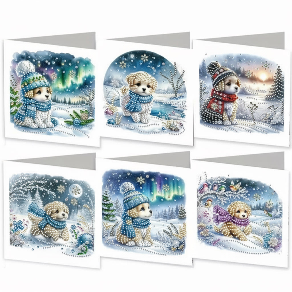 Diamond Art Christmas Cards 6pcs Snow Dogs - DIY Diamond Art Kits