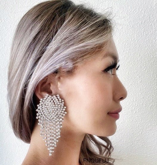 Large Crystal Fringe Earrings, Diamante Tassel Earrings, Statement Earrings, Gift for Her in Silver, Gold, Orange or Black