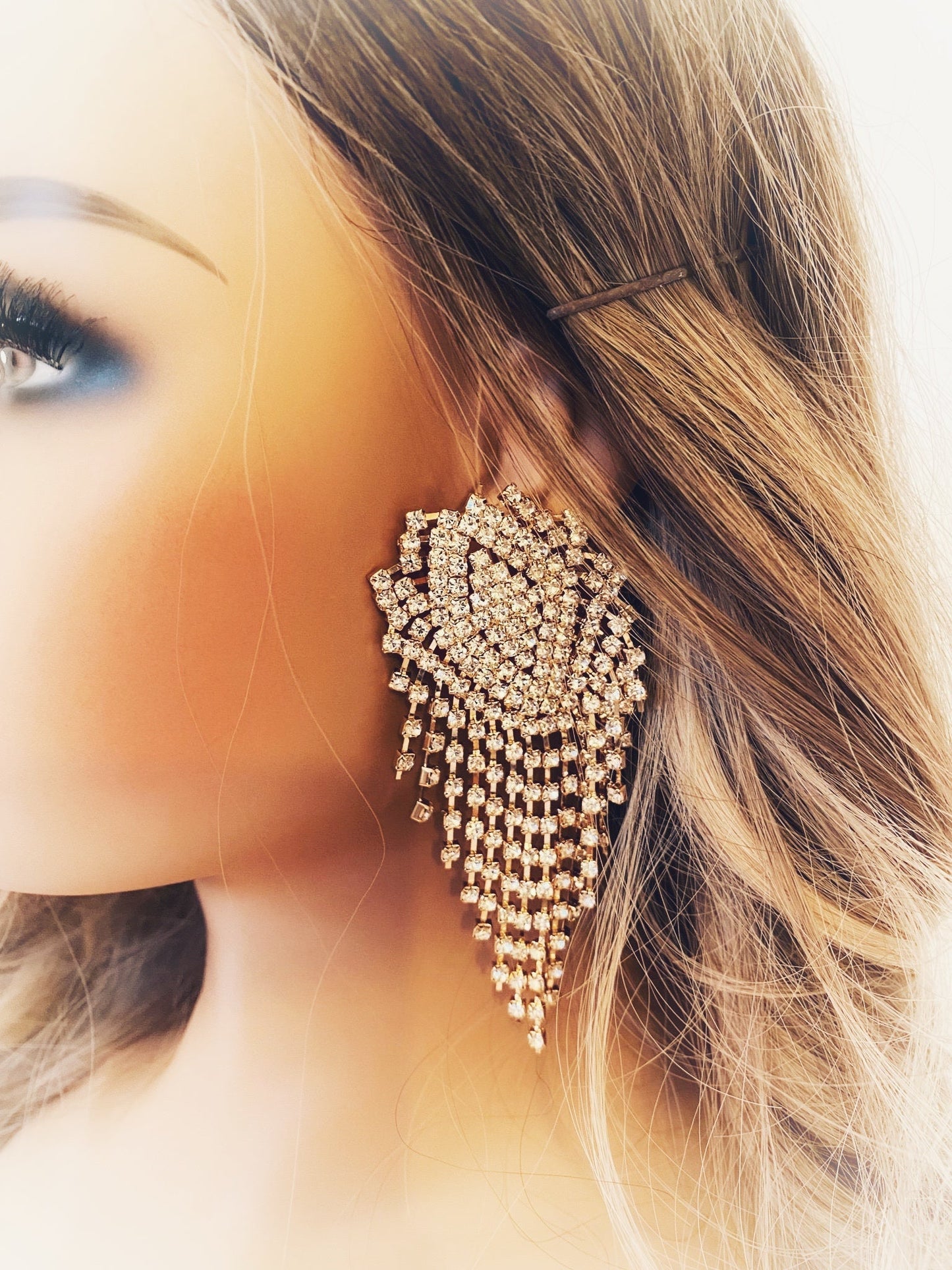 Large Crystal Fringe Earrings, Diamante Tassel Earrings, Statement Earrings, Gift for Her in Silver, Gold, Orange or Black